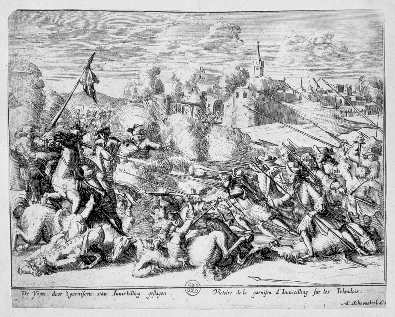 La guarnigione di Enniskillen difende la città da Giacomo II da Adriaan Schoonebeek