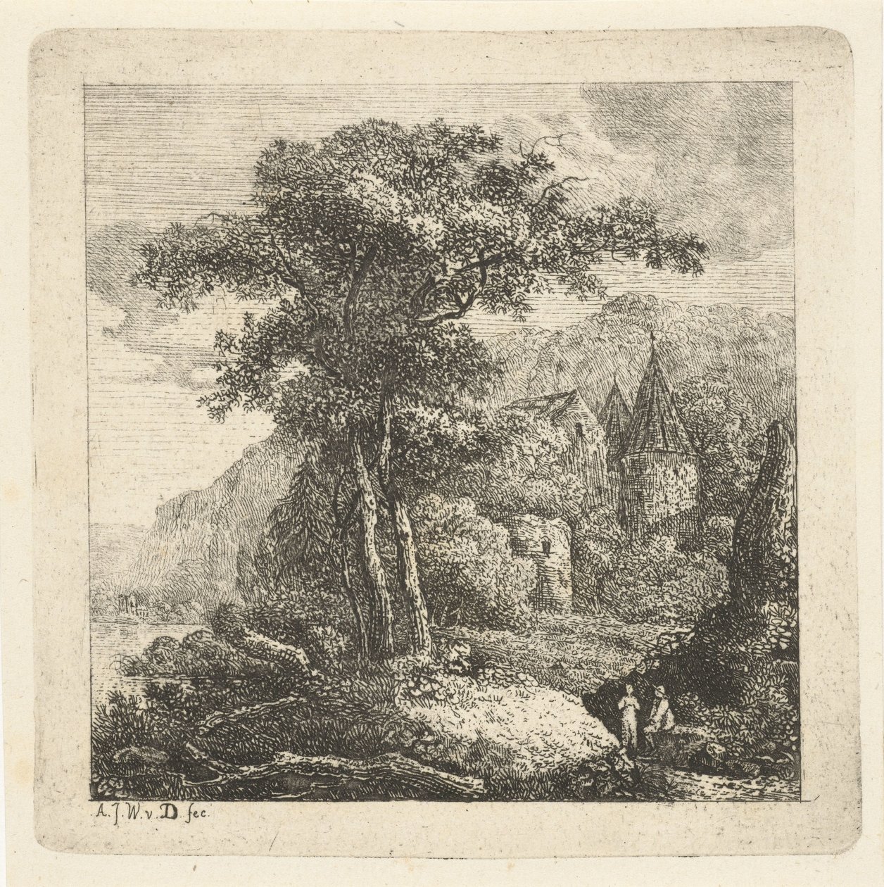 Paesaggio montuoso con alberi, castello e due figure da Adriaan Jacob Willem van Dielen