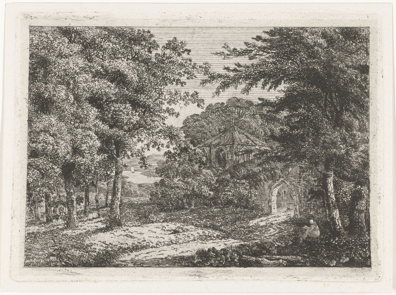 Paesaggio con cappella tra alberi e monaco che legge da Adriaan Jacob Willem van Dielen
