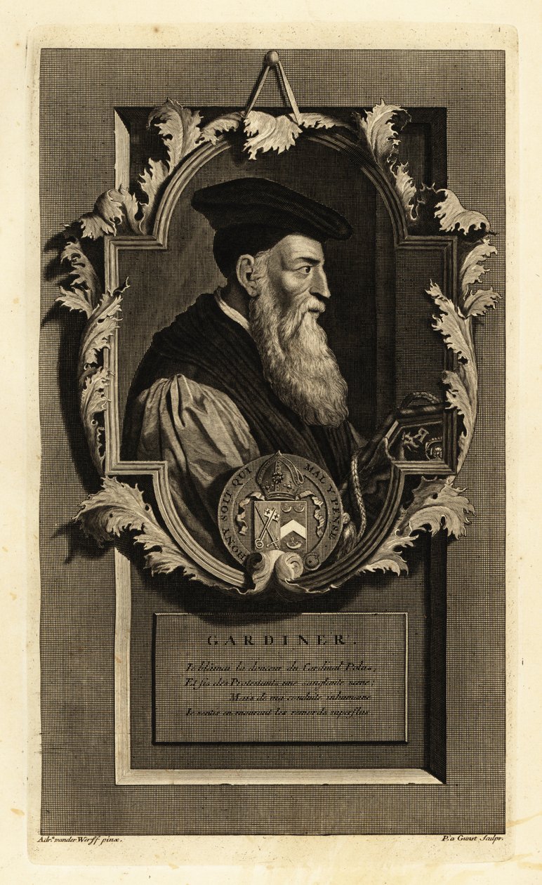 Ritratto di Stephen Gardiner, Vescovo di Winchester e politico. Con stemma. Incisione su rame di Pieter Stevens van Gunst dopo Adriaen van der Werff dal libro di Isaac de Larrey 