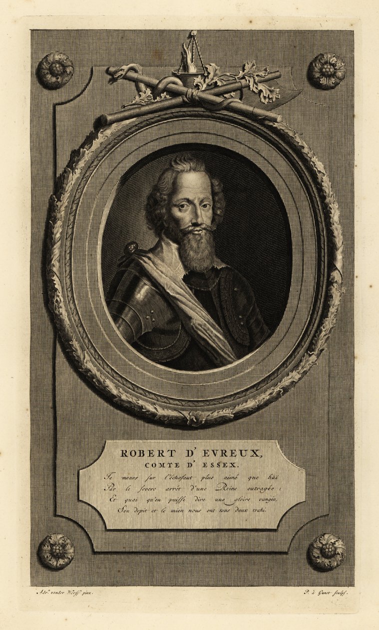 Robert Devereux, 2° Conte di Essex, favorito di Elisabetta I. In colletto di pizzo, armatura, fascia. Incisione su rame di Pieter Stevens van Gunst dopo Adriaen van der Werff dal libro di Isaac de Larrey da Adriaan van der (after) Werff
