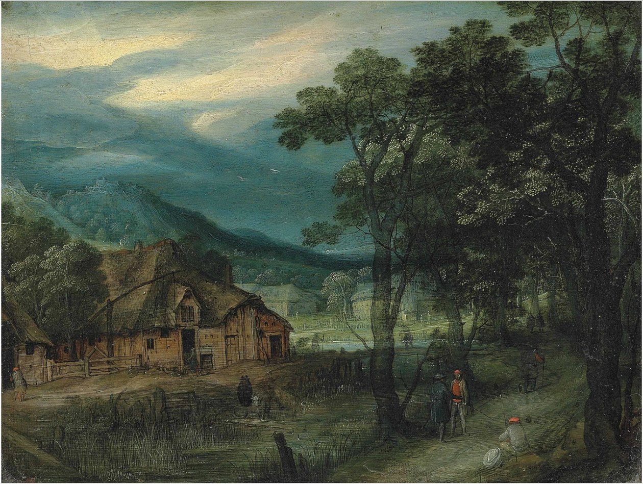Paesaggio boschivo con viaggiatori su un sentiero vicino a un villaggio da Adriaen van Stalbemt