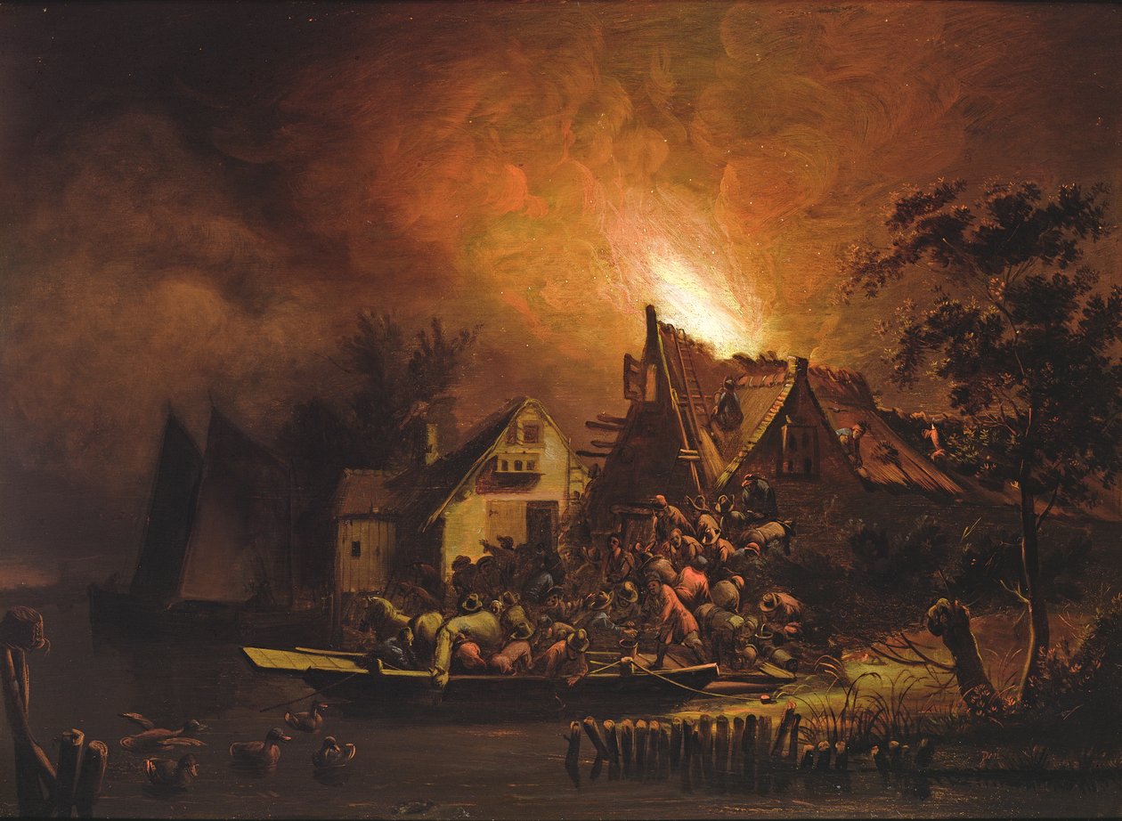 Villagers Struggling to put out a Cottage Fire da Adriaen Lievensz van der Poel