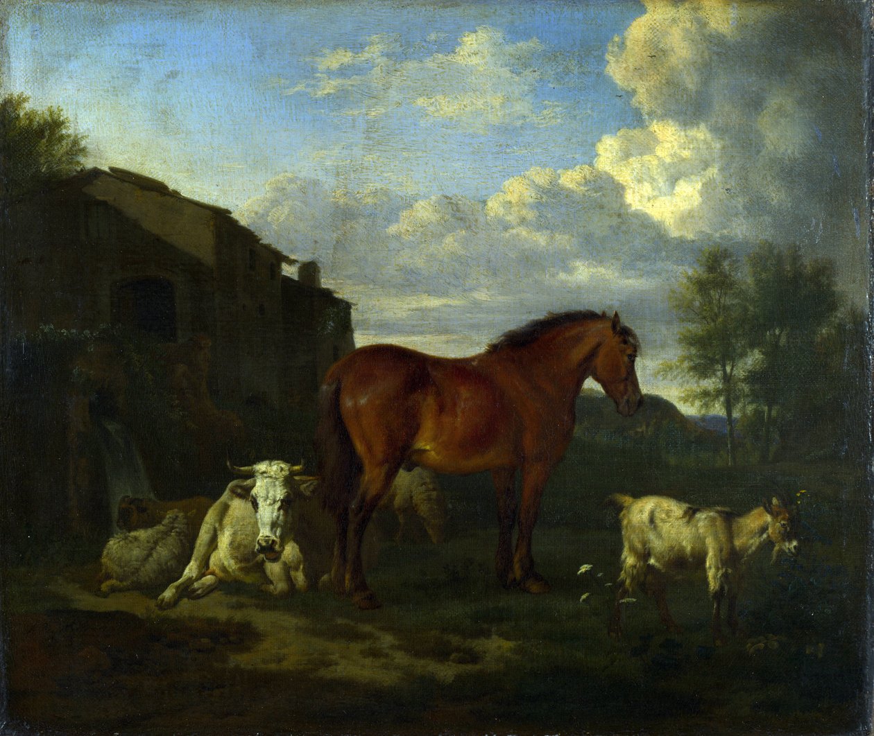 Un cavallo baio, una mucca, una capra e tre pecore vicino a un edificio da Adriaen van de Velde