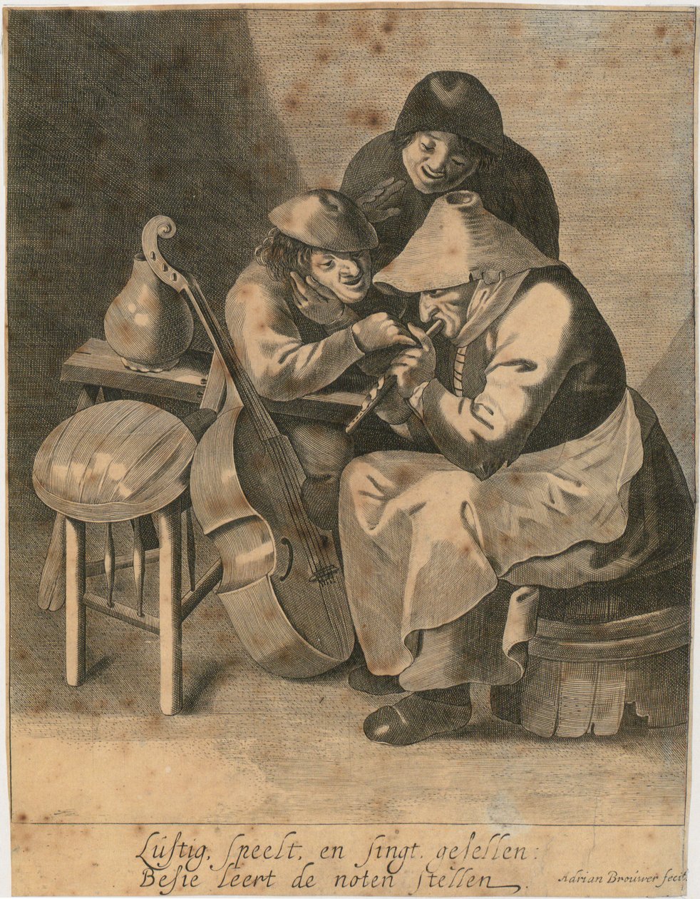 Una flautista e due contadini da Adriaen Brouwer