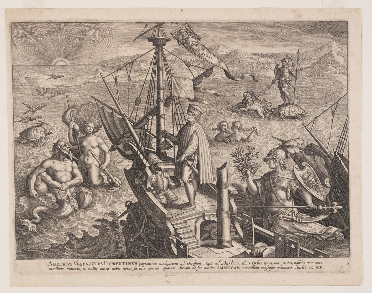 Amerigo Vespucci sulla sua nave, da Americae Retectio (La scoperta dell