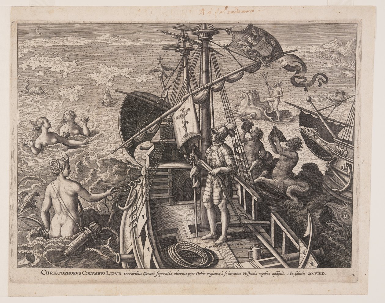 Cristoforo Colombo sulla sua nave, da Americae Retectio (La scoperta dell