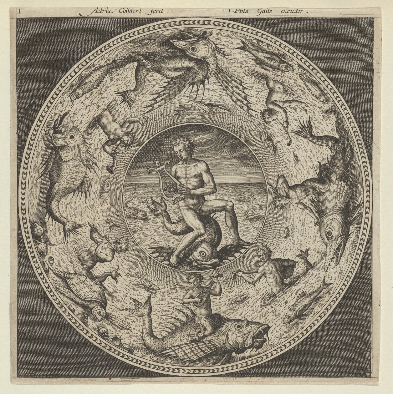 Progetto per un piatto con Arione che cavalca un delfino in un medaglione bordato da mostri marini, c. 1600 da Adriaen Collaert