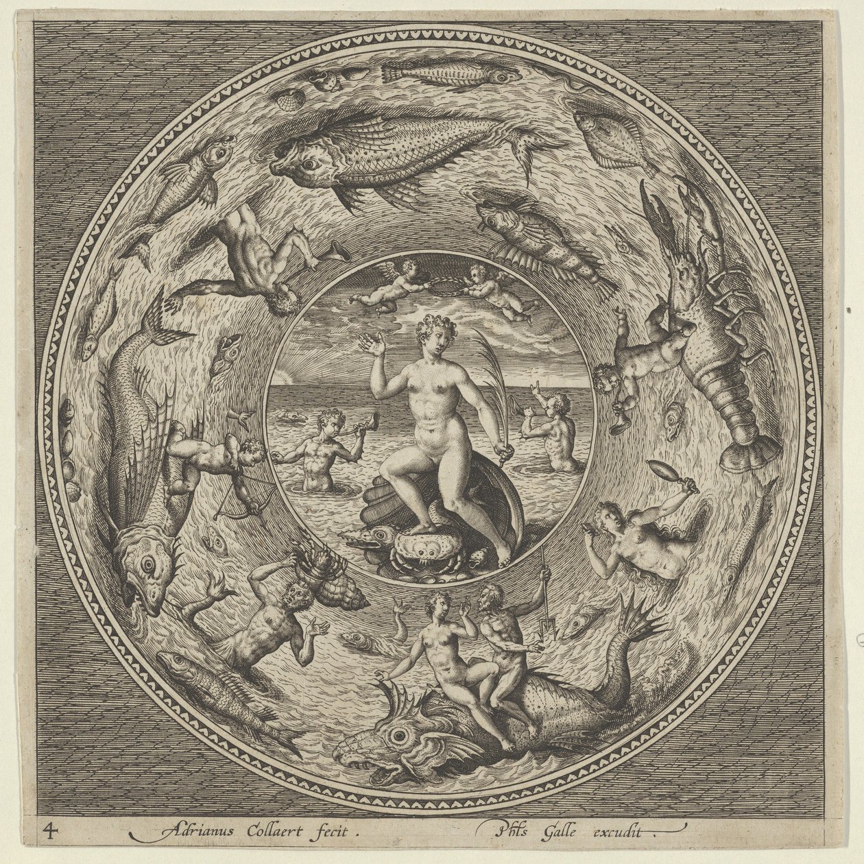 Progetto per un piatto con Galatea su una conchiglia fiancheggiata da trombettieri in una cornice medaglione, c. 1600 da Adriaen Collaert