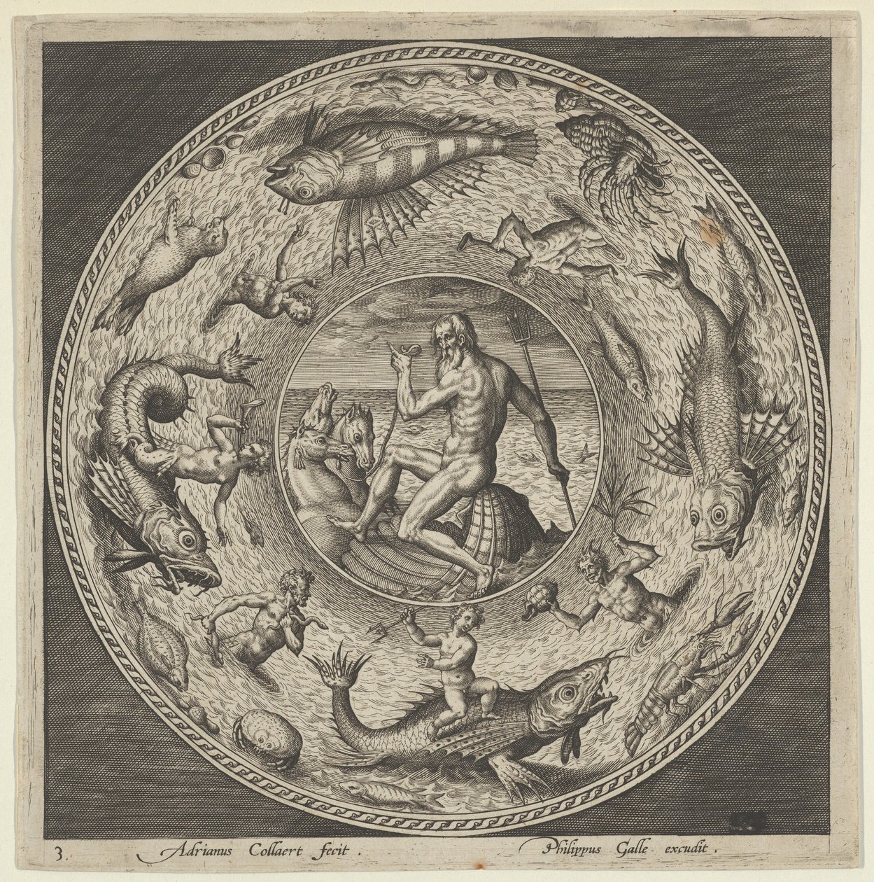 Progetto per un piatto con Nettuno in una conchiglia trainata da cavalli in un medaglione bordato da ..., c1600 da Adriaen Collaert