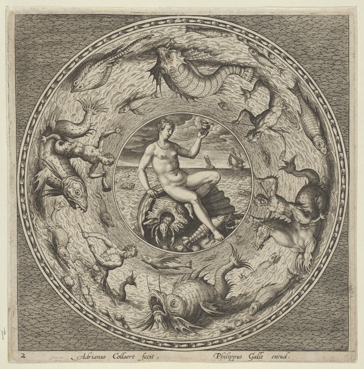 Design per un piatto con Teti su una conchiglia in un medaglione bordato da mostri marini da Adriaen Collaert