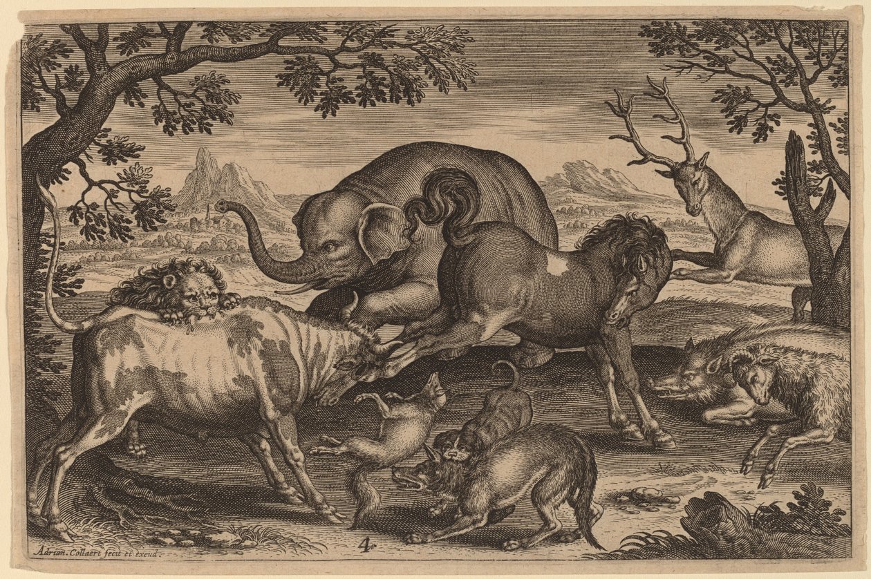 Leone, Toro, Volpe, Lupo, Cane, Cinghiale, Capra, Cavallo, Elefante e Cervo da Adriaen Collaert