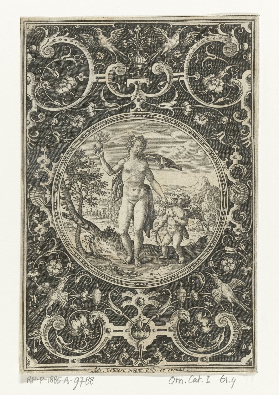 Medaglione con Venere e Amore incorniciato da grottesche con fiori, ghirlande, animali e mascheroni da Adriaen Collaert