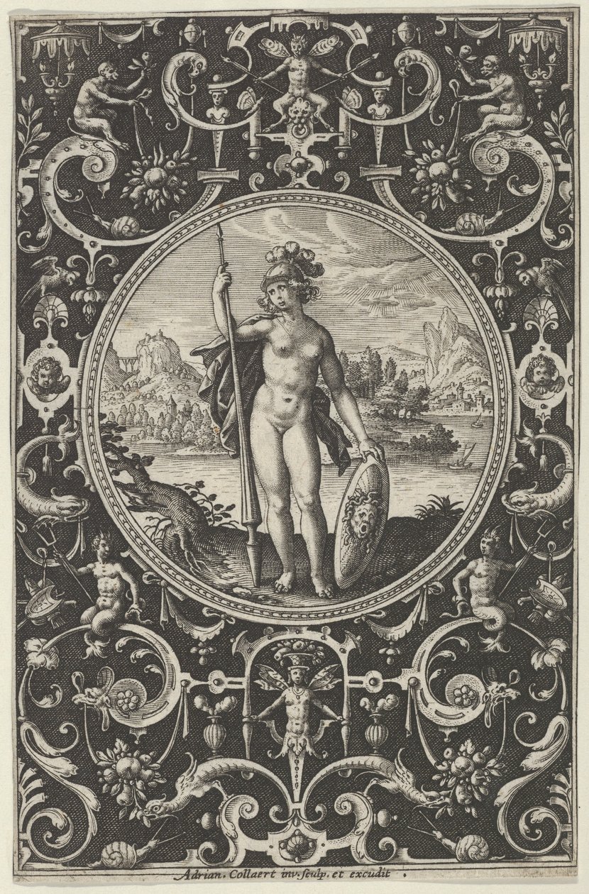 Minerva in una cornice decorativa con grottesche, dal Giudizio di Paride (c1580-1600) da Adriaen Collaert