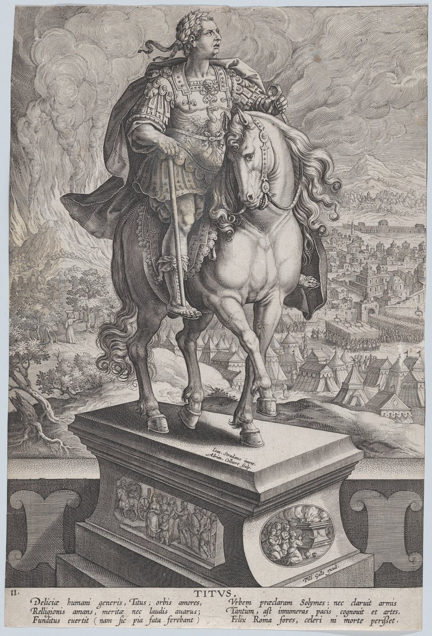 Statua equestre di Tito, vista tre quarti a destra, Monte Vesuvio da Adriaen Collaert
