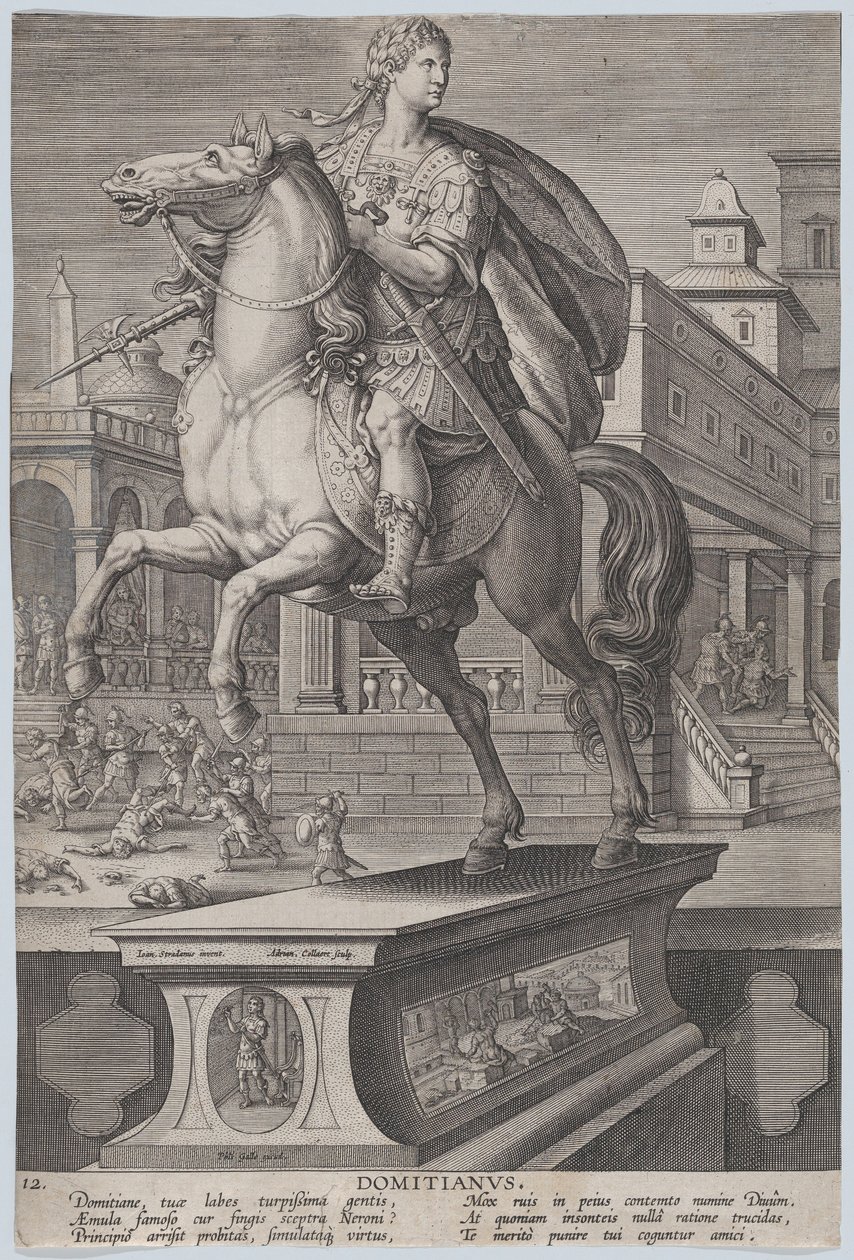 Tavola 12: statua equestre di Domiziano, vista tre quarti a sinistra, ca. 1587-89 da Adriaen Collaert