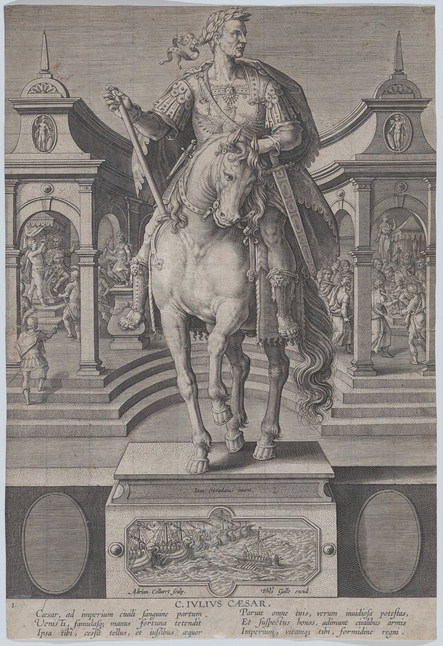Statua equestre di Giulio Cesare, vista frontale, con una scena, ca. 1587-89 da Adriaen Collaert