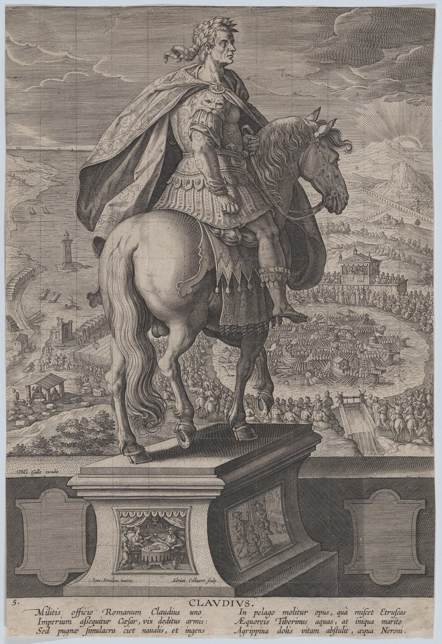Tavola 5: statua equestre di Claudio, vista da dietro, una competizione navale da Adriaen Collaert