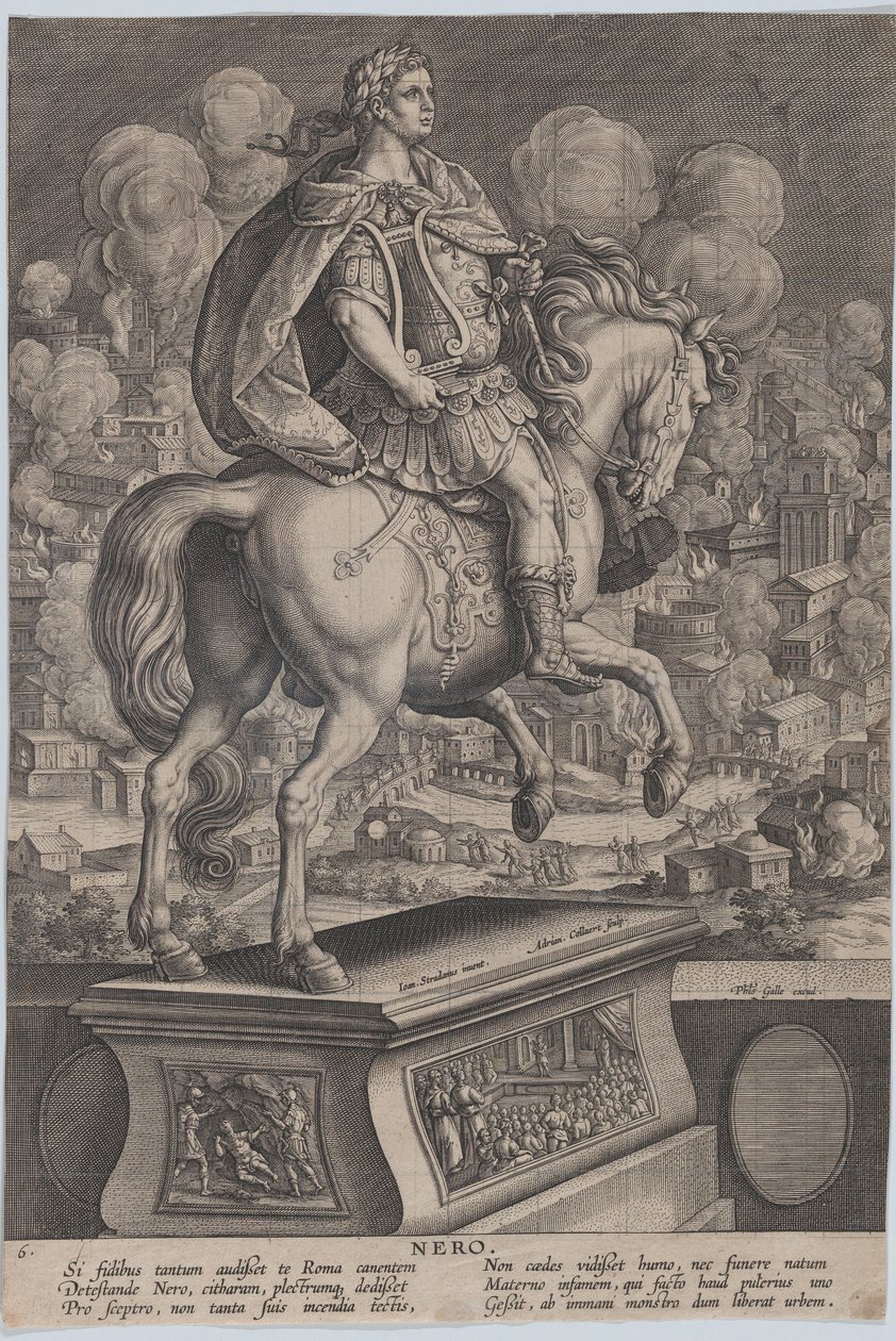 Tavola 6: statua equestre di Nerone, vista da dietro, il grande incendio di Roma..., ca. 1587-89 da Adriaen Collaert