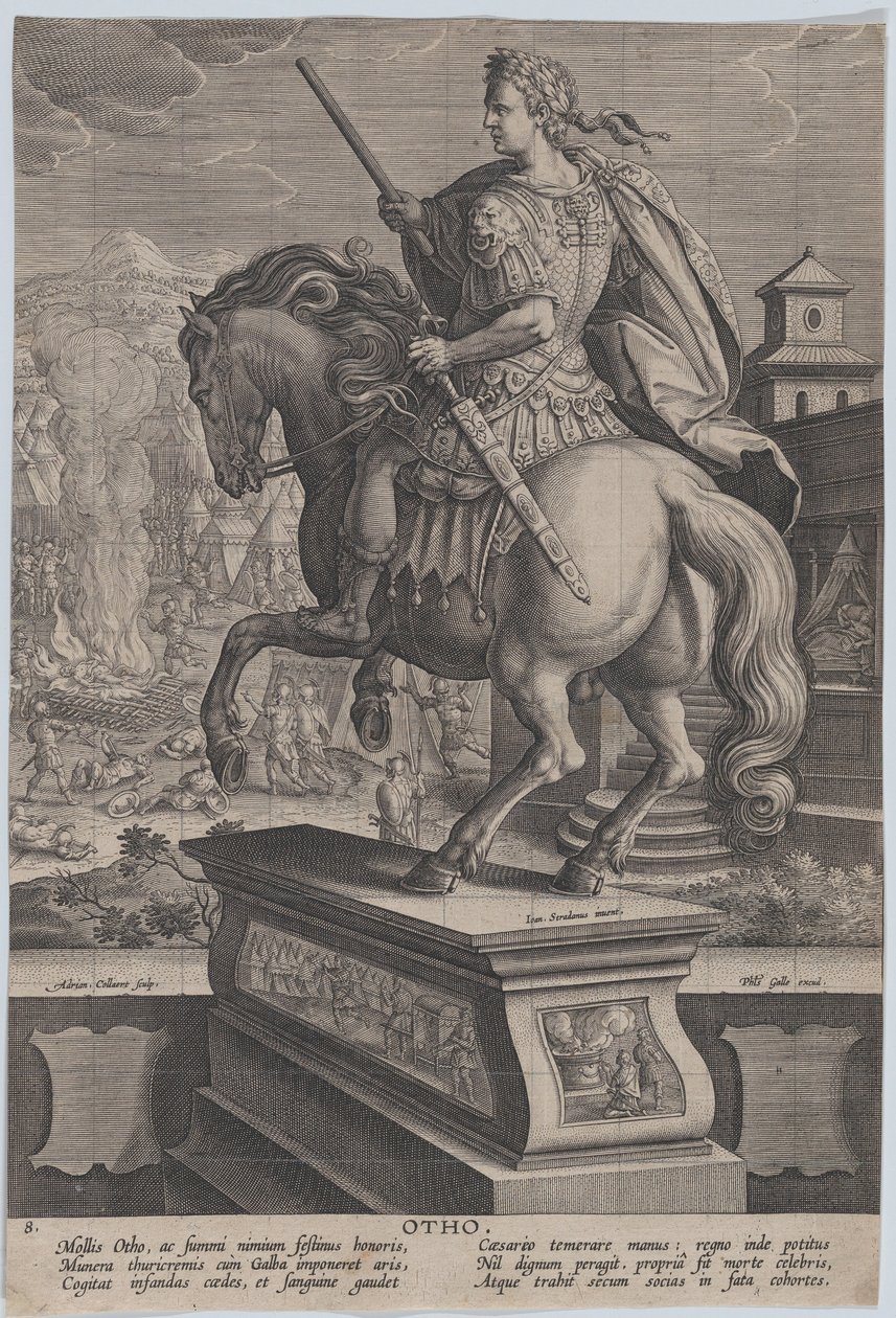 Statua equestre di Otone, vista da dietro, scena della sua morte sullo sfondo da Adriaen Collaert