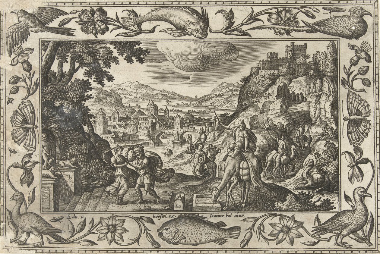 Rebecca ed Eliezer al pozzo (Paesaggi con scene bibliche, mitologiche e di caccia) da Adriaen Collaert