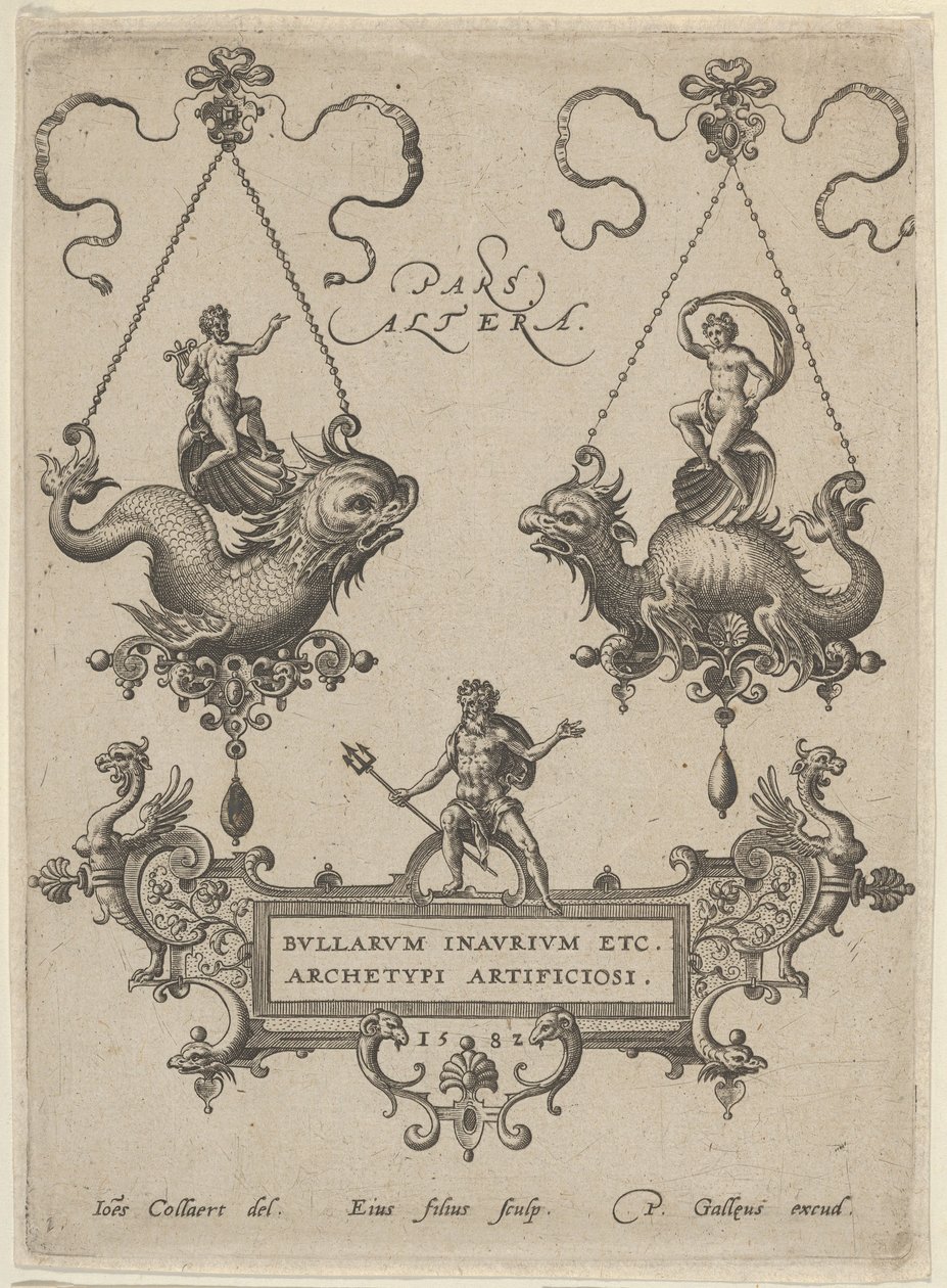 Tavola del titolo con due disegni di pendenti sopra e Nettuno in piedi su un cartiglio sotto, 1582 da Adriaen Collaert