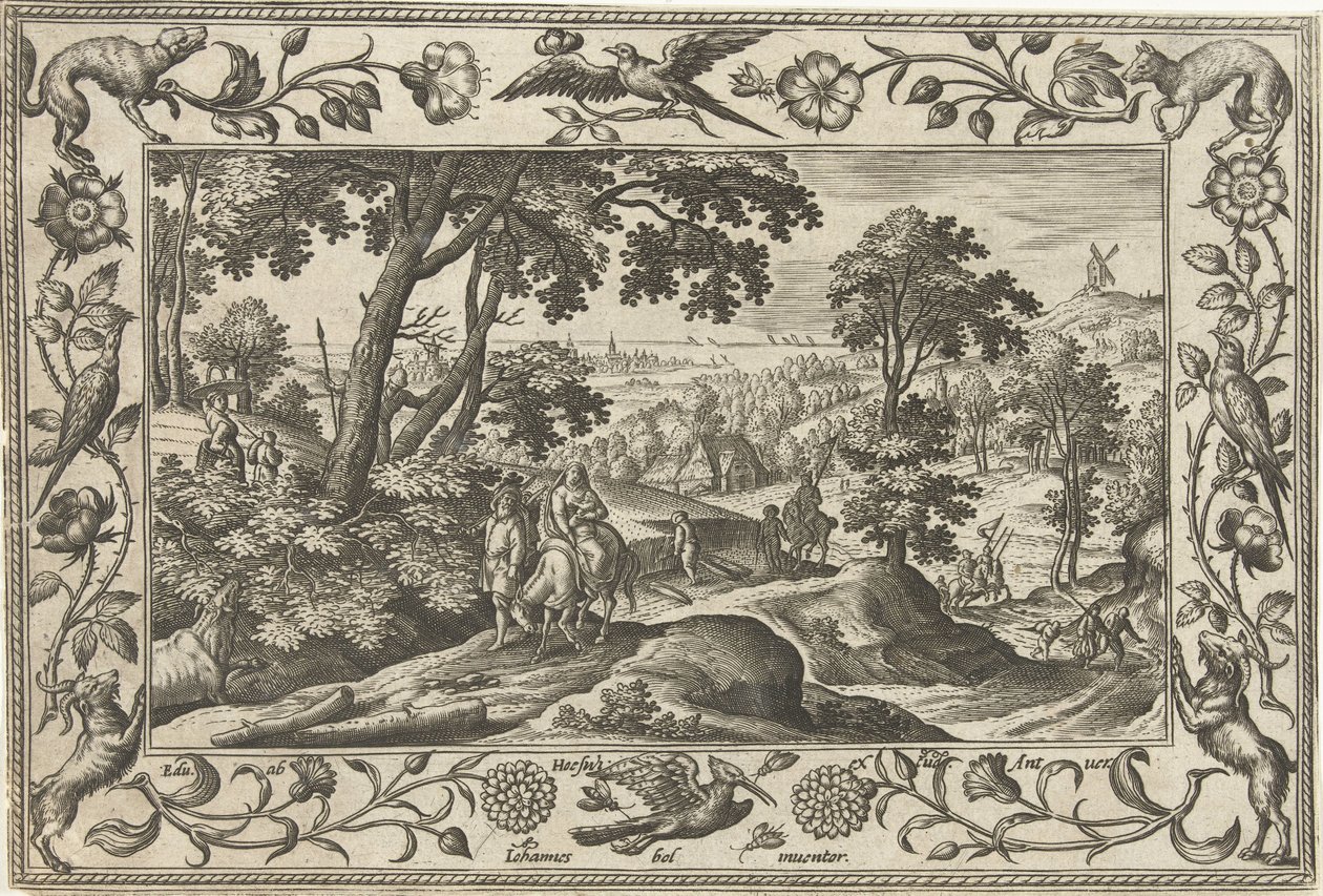 Fuga in Egitto (serie Paesaggi con scene bibliche, mitologiche e di caccia) da Adriaen Collaert
