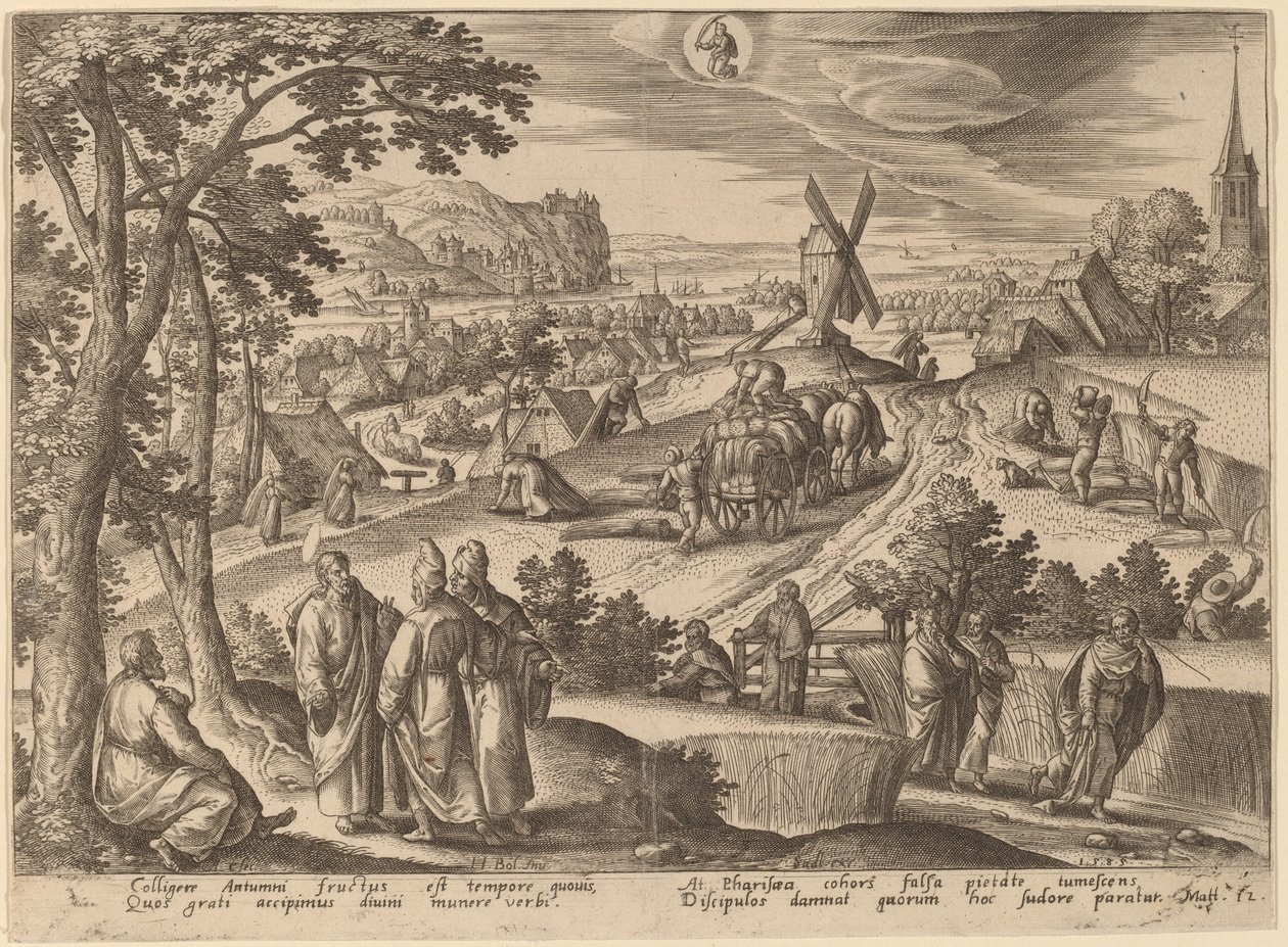 La raccolta delle spighe di grano nel giorno di sabato da Adriaen Collaert after Hans Bol