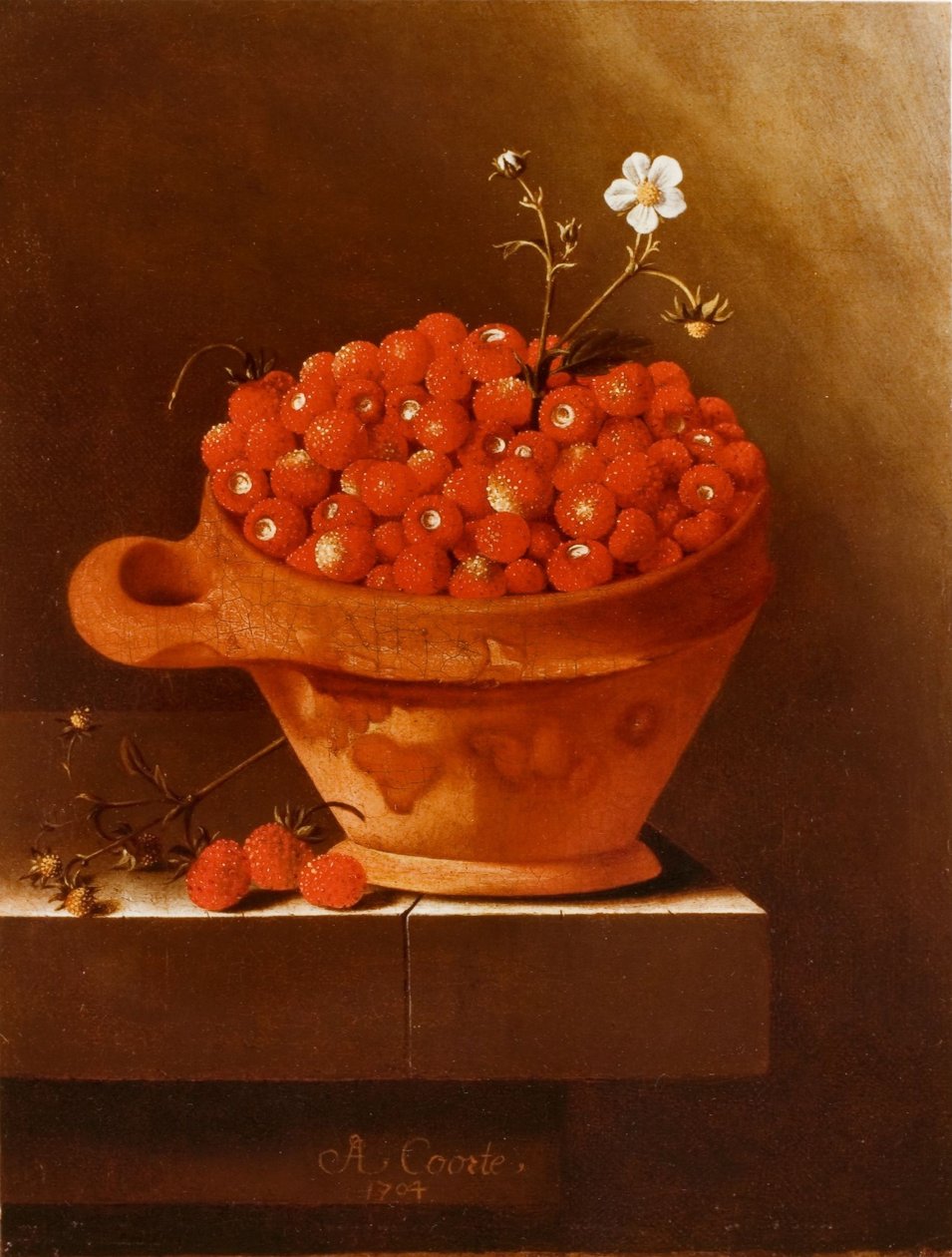 Ciotola in terracotta con fragole su un basamento in pietra da Adrian Coorte