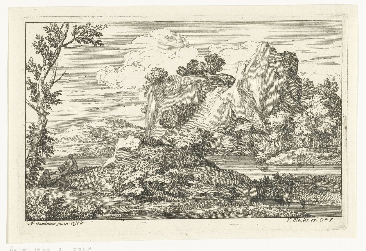 Paesaggio con grande roccia presso un fiume da Adriaen Frans Boudewyns