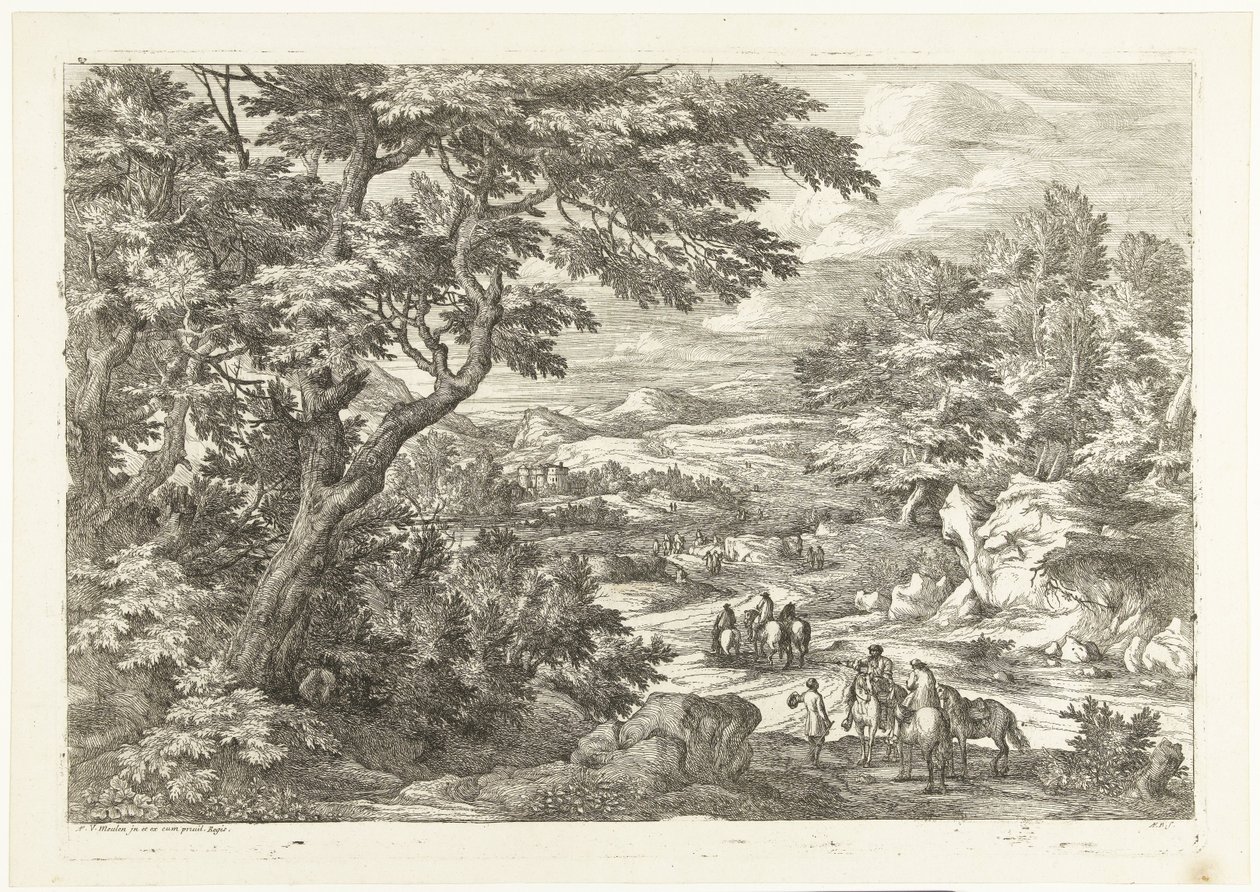 Paesaggio con cacciatori di ritorno a casa, in lontananza un castello da Adriaen Frans Boudewyns