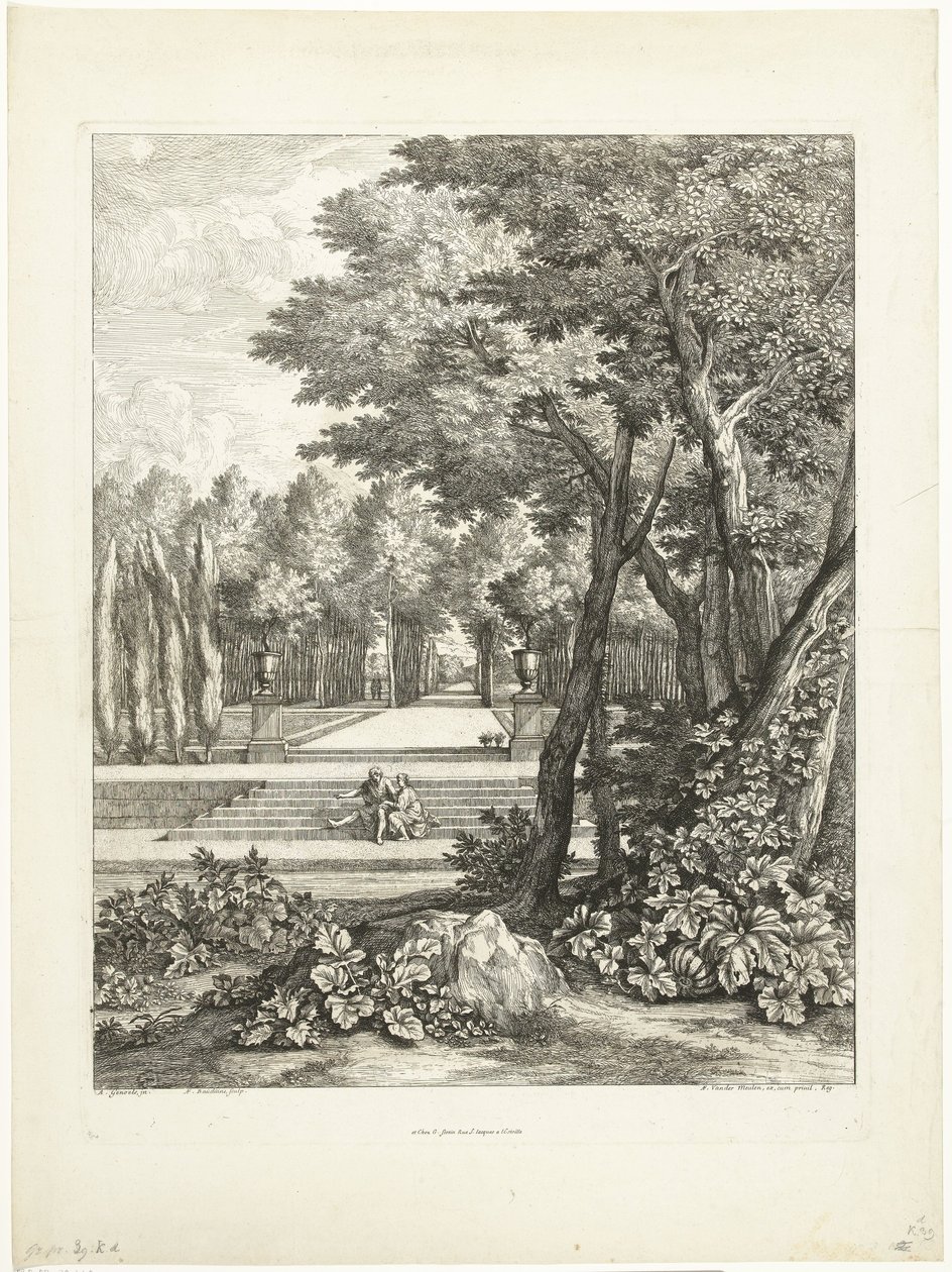 Paesaggio con coppia seduta su una scala nel giardino da Adriaen Frans Boudewyns