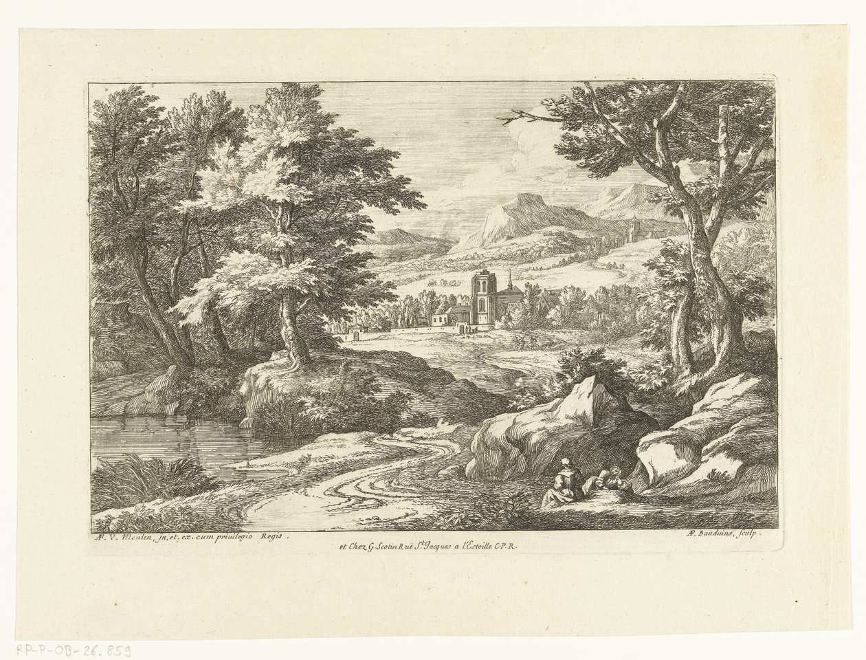 Paesaggio con due figure lungo una strada, in lontananza una chiesa da Adriaen Frans Boudewyns