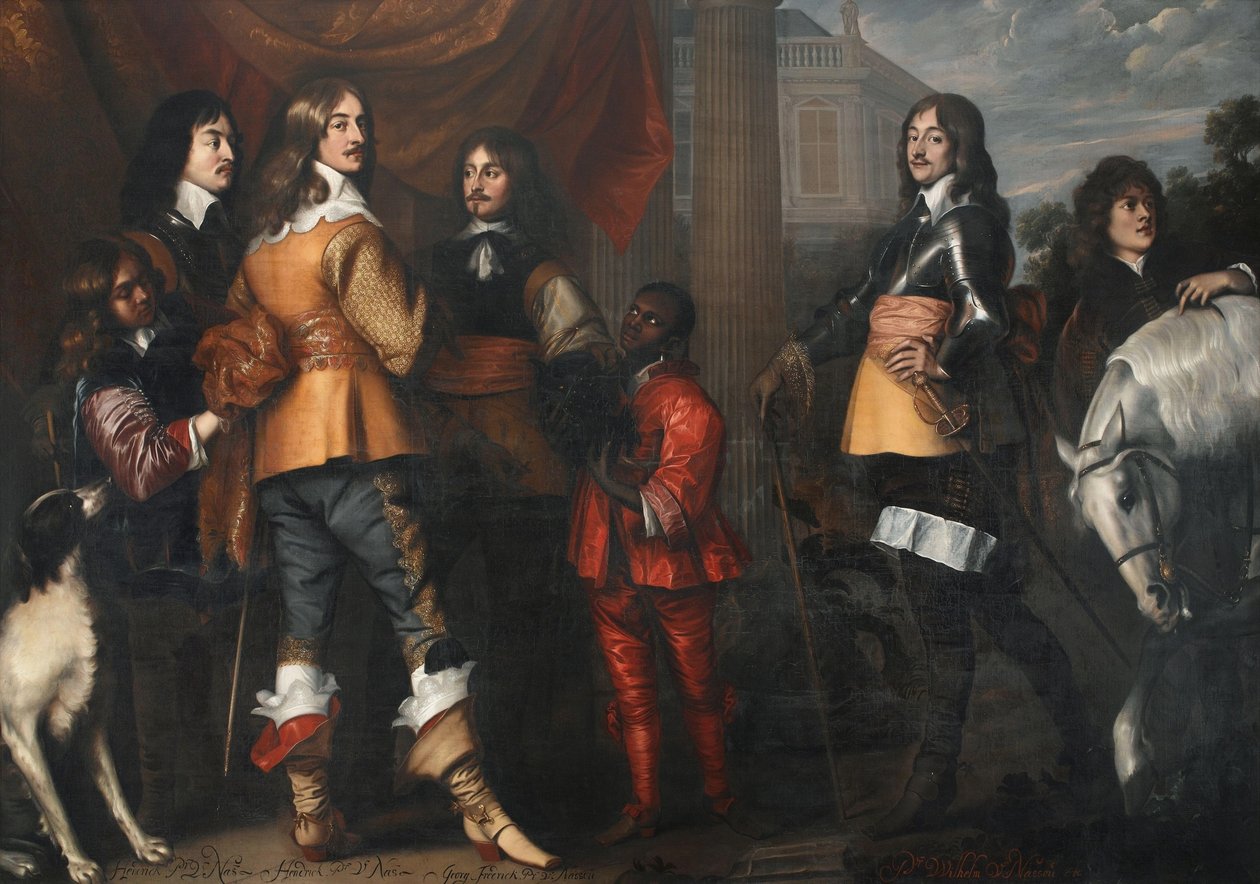 Ritratto di gruppo di Willem Frederik van Nassau-Dietz (1613-1664), Hendrik Casimir I van Nassau-Dietz (1612-1640), Hendrik van Nassau-Siegen (1611-1652) e George Frederik van Nassau-Siegen (1606-1674), con la servitù da Adriaen Hanneman