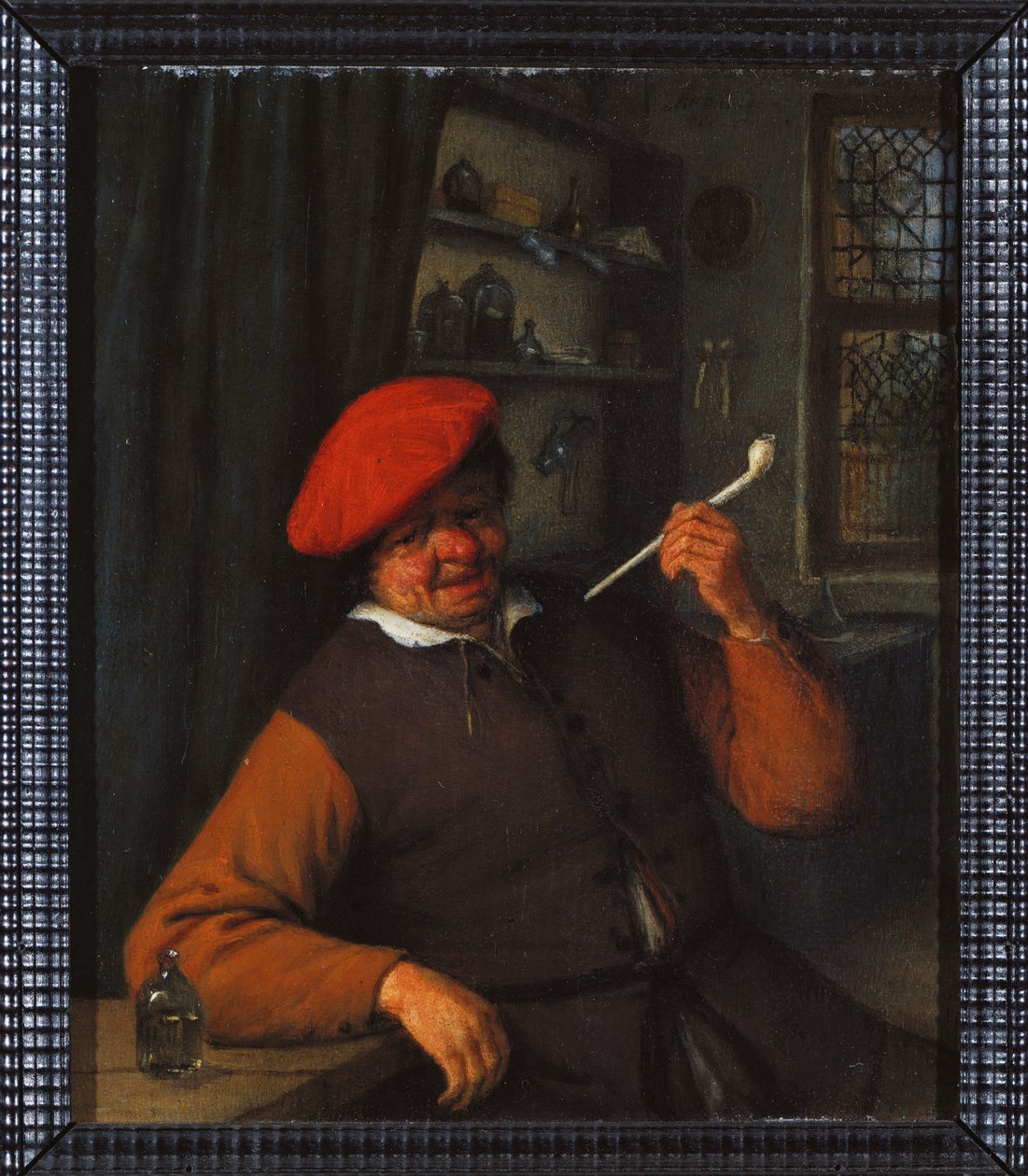 Un contadino con un berretto rosso che fuma una pipa, in un interno da Adriaen Jansz. van Ostade