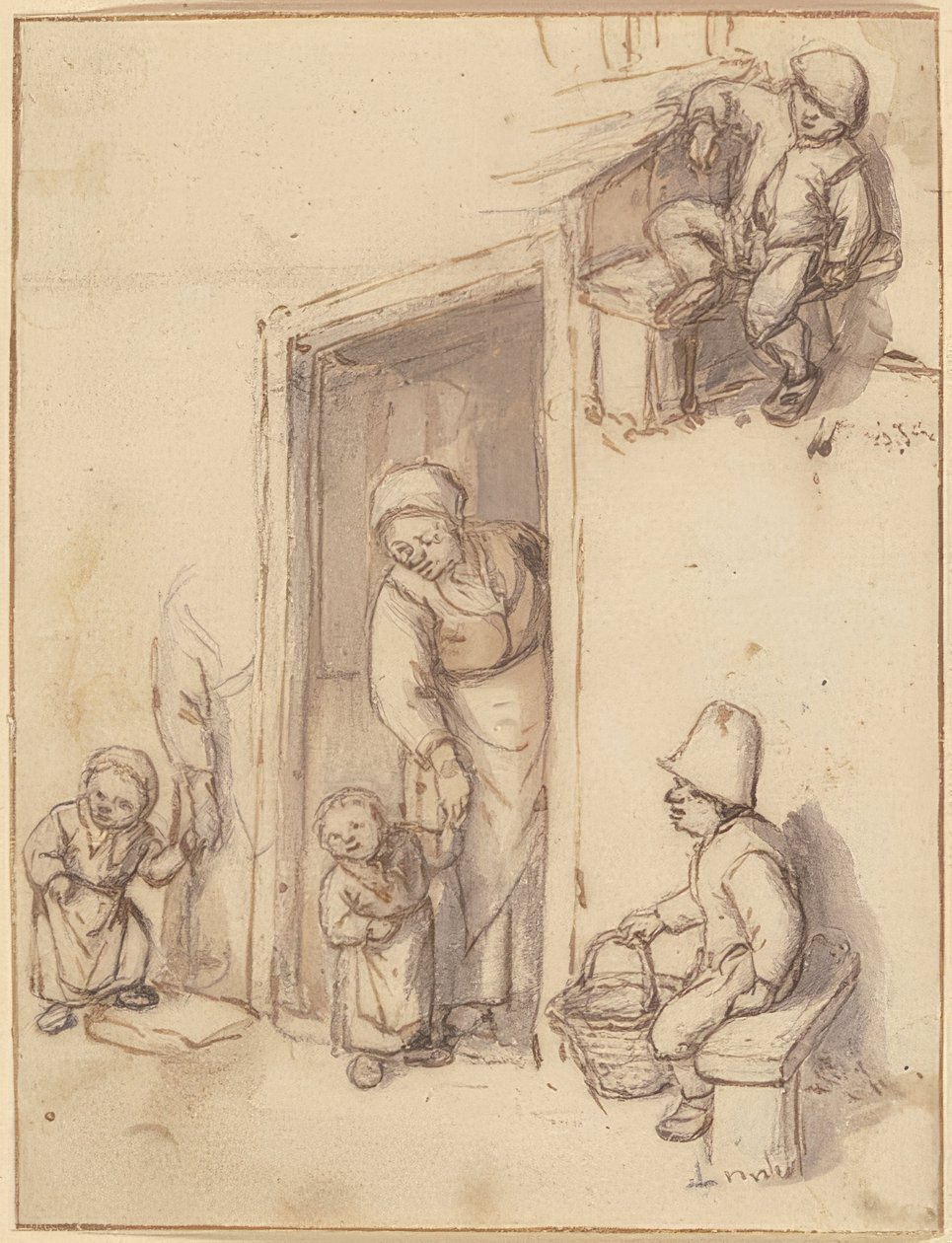 Foglio di studio con una madre e sua figlia sulla porta di casa, due ragazzi seduti da Adriaen Jansz. van Ostade
