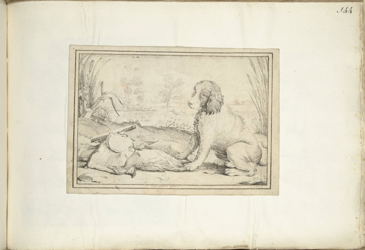 Cane accanto ad attrezzatura da caccia e preda in un paesaggio da Adriaen Matham (signed by artist)