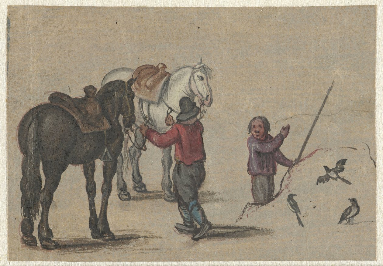 Uomo che tiene due cavalli e un uomo vicino agli uccelli da Adriaen Pietersz van de Venne (possibly)