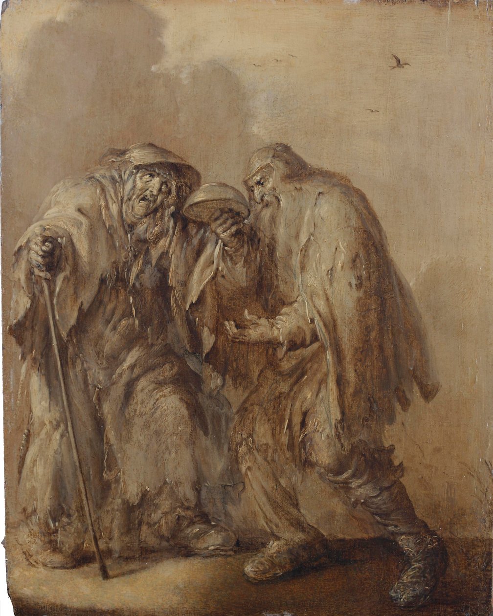 Coppia di anziani mendicanti che regge una ciotola vuota rovesciata; en brunaille (olio su tavola) da Adriaen Pietersz. van de Venne