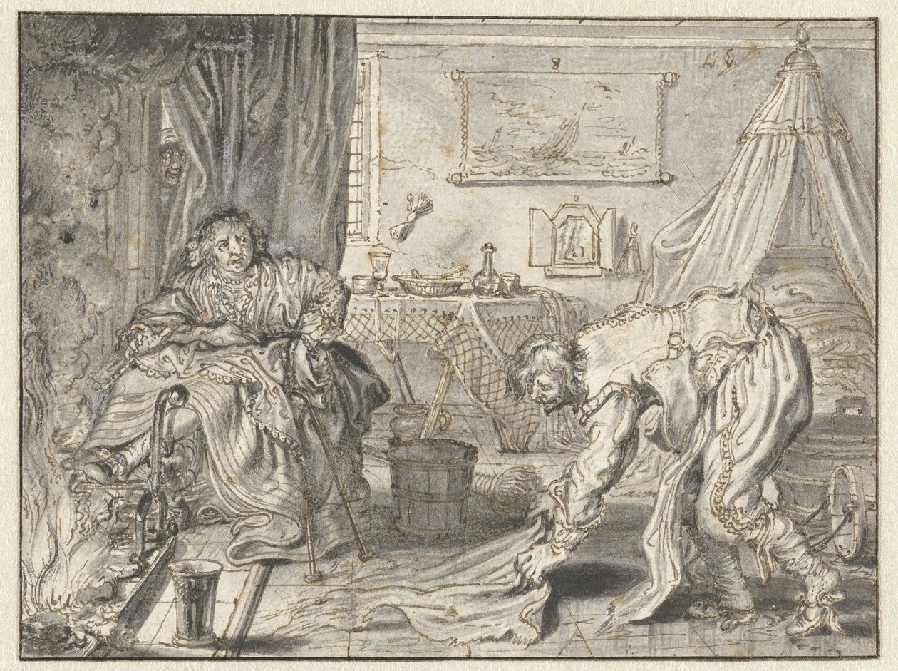 Uomo che pulisce il pavimento mentre sua moglie è seduta accanto al camino da Adriaen Pietersz van de Venne