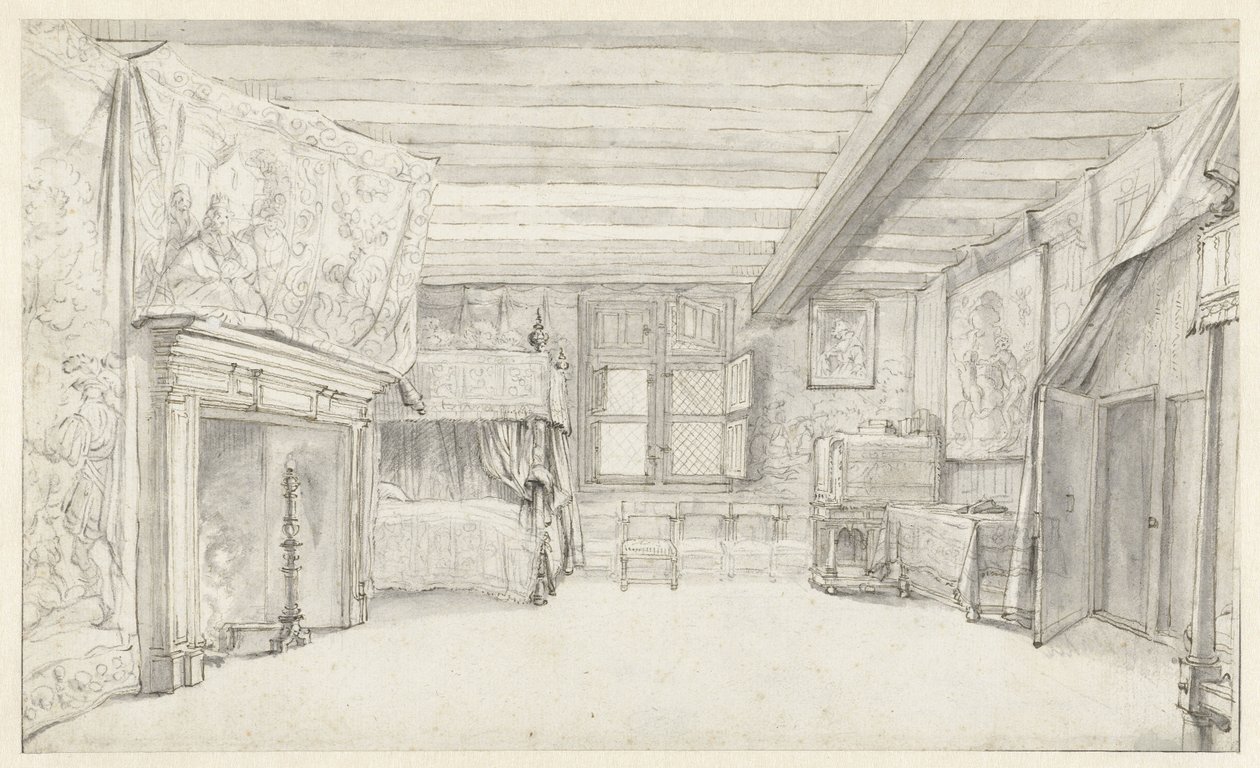Vista di una camera riccamente arredata con un letto a baldacchino da Adriaen Pietersz van de Venne