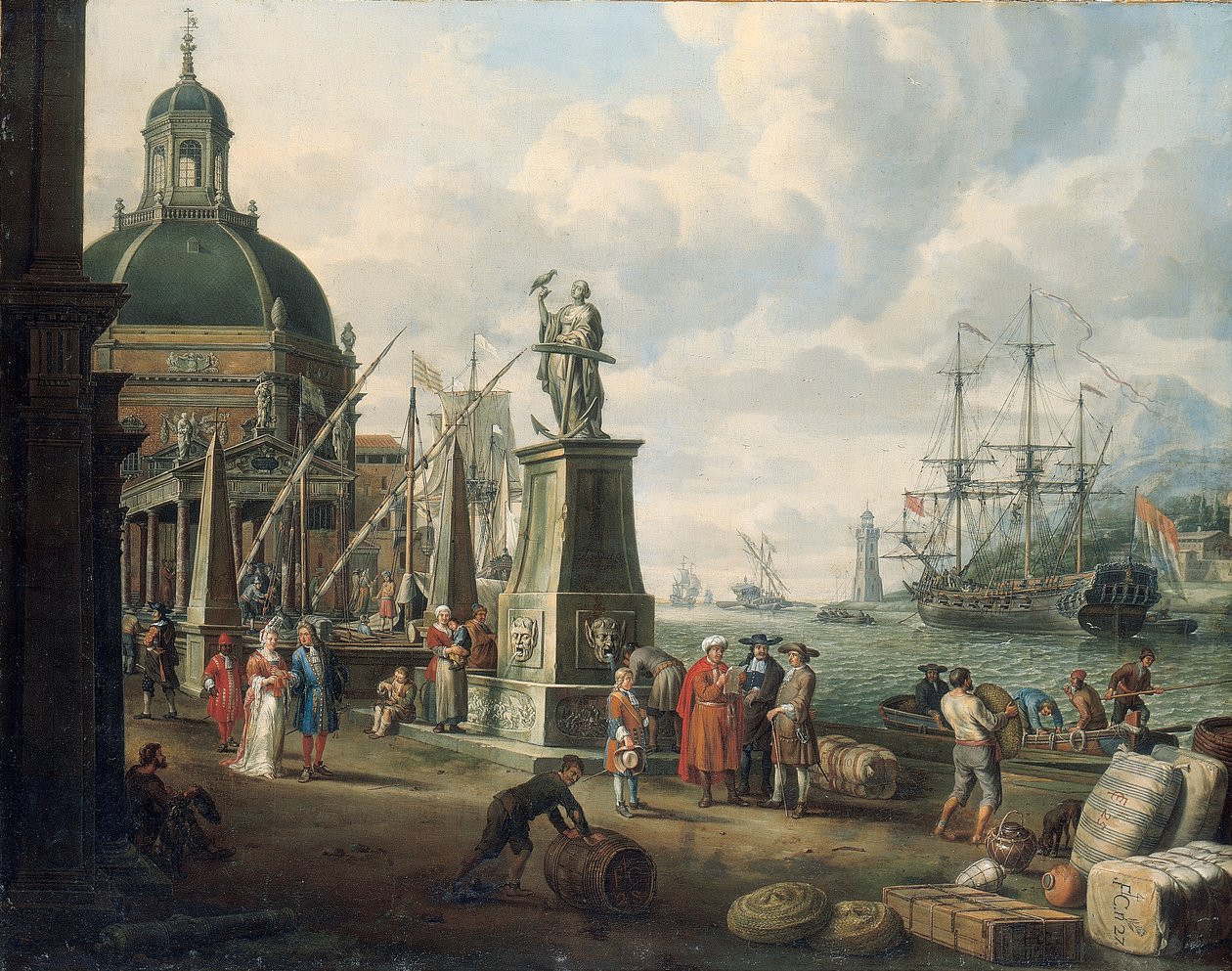 Un capriccio di un porto mediterraneo con mercanti, una coppia elegante sul molo, davanti a una statua della Speranza e una chiesa barocca, un faro, una nave da guerra olandese e altre navi oltre, 1700 da Adriaen Verdoel