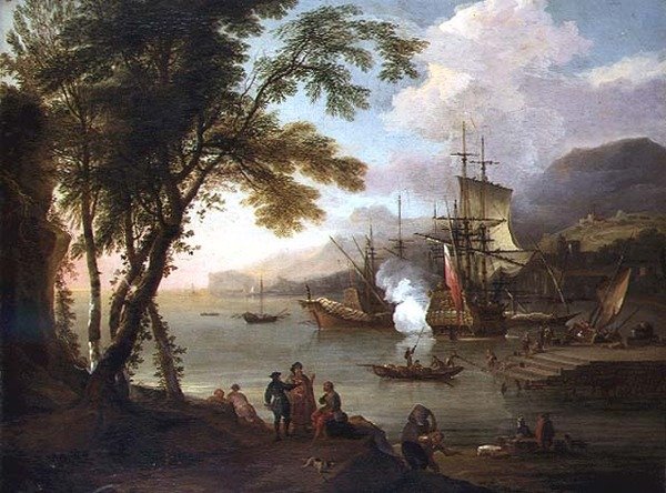 Un capriccio di un porto mediterraneo con navi, mercanti e scaricatori da Adriaen van Diest