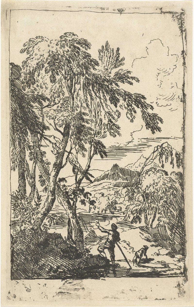 Paesaggio montuoso con alberi e uomo con cane da Adriaen van Diest
