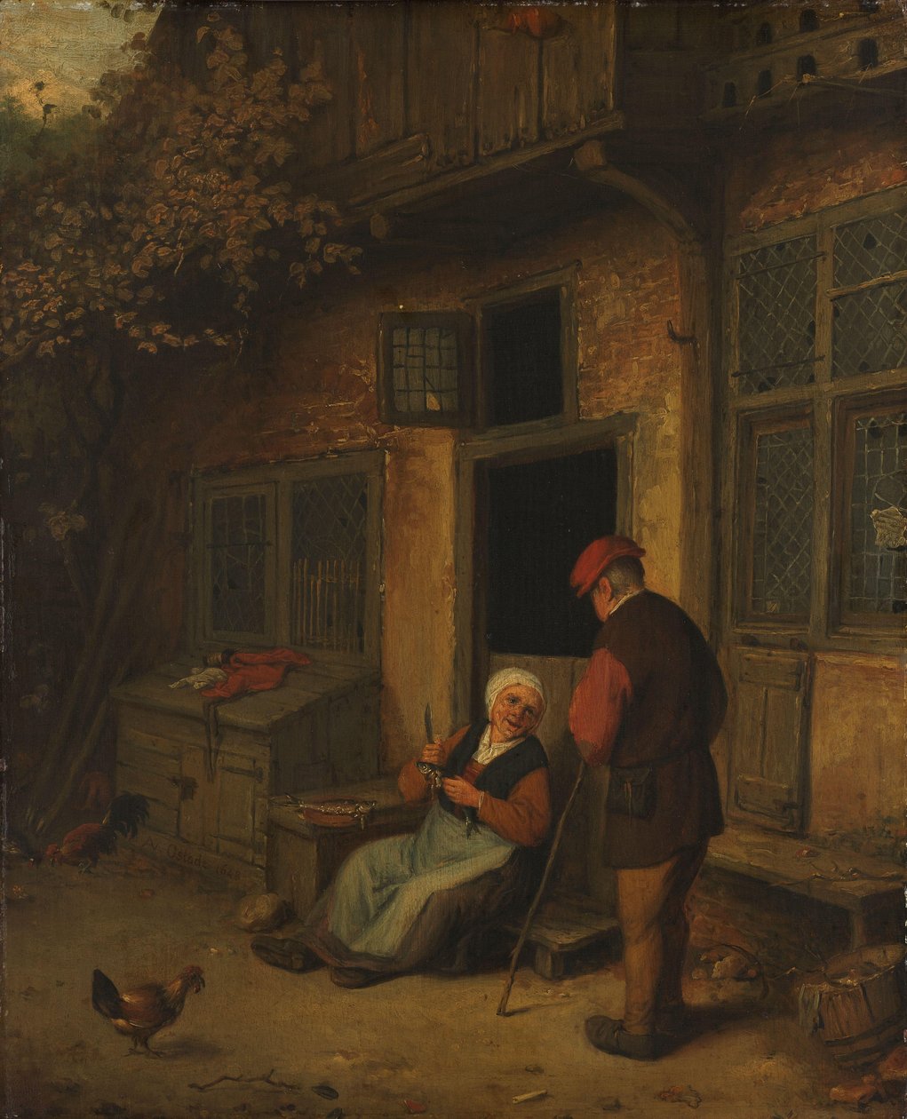 Una donna che pulisce aringhe davanti alla sua casa da Adriaen van Ostade (copy after)