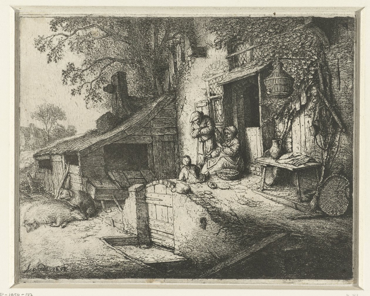 Donna che fila davanti a una casa da Adriaen van Ostade (signed by artist)