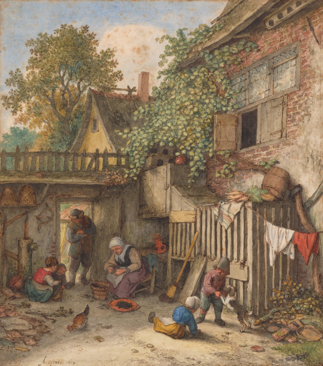 Cortile con una donna che pulisce le cozze da Adriaen van Ostade