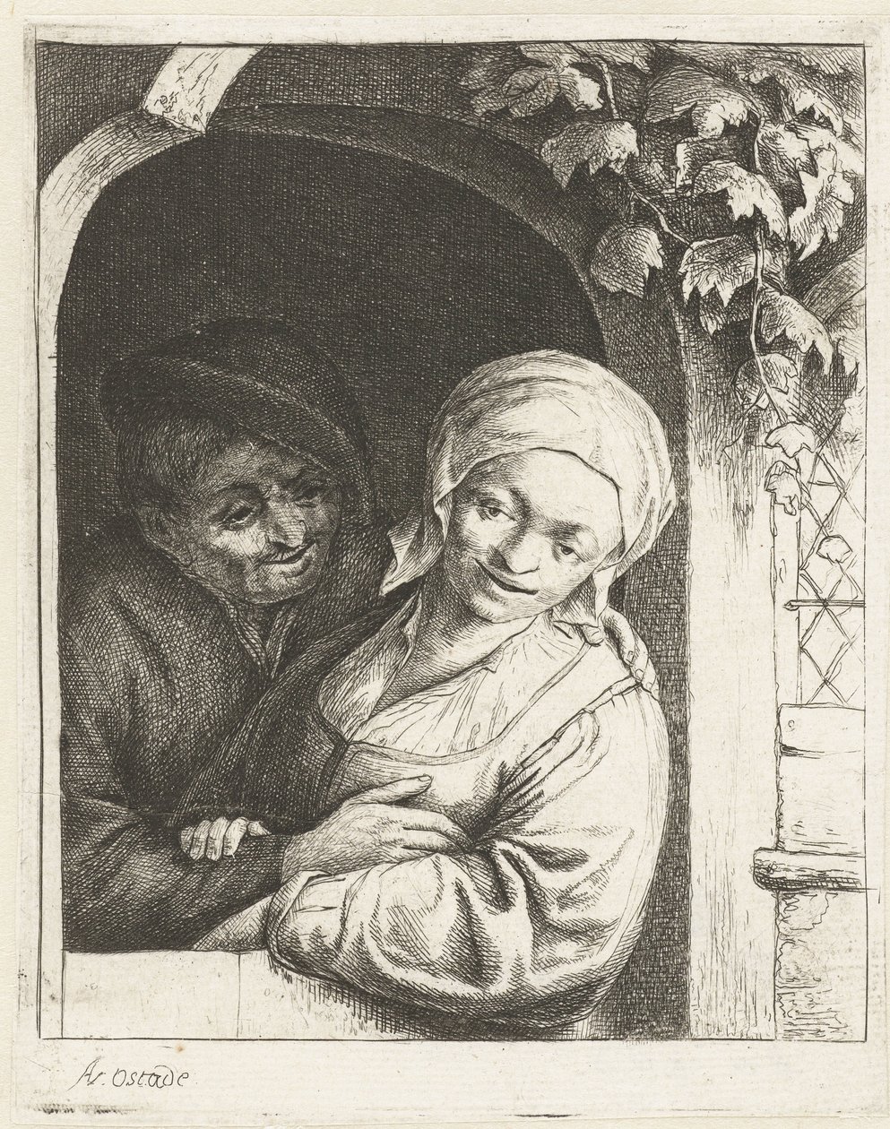 Contadino e contadina come coppia innamorata in una porta (serie La coppia di contadini innamorati) da Adriaen van Ostade