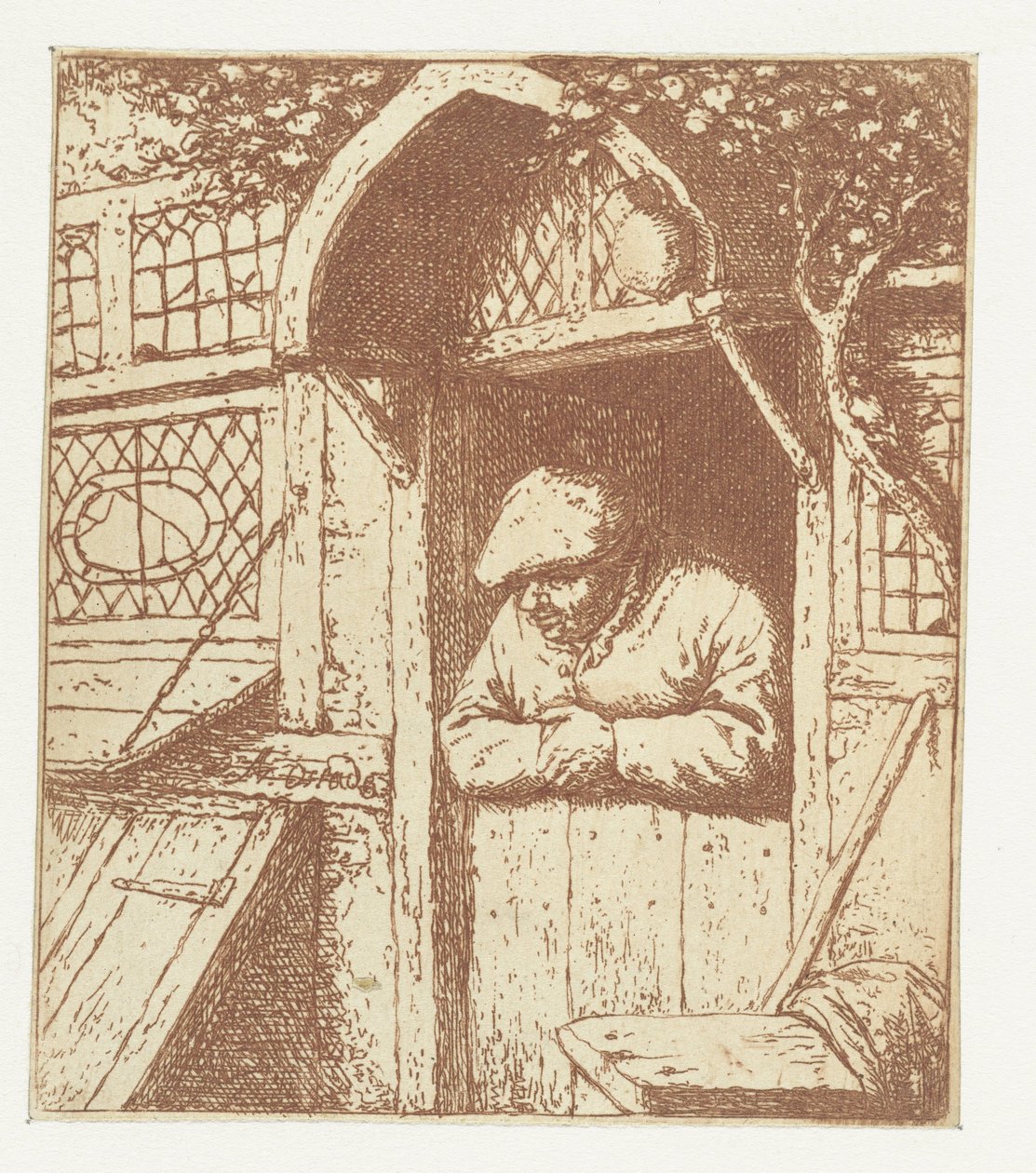 Contadino appoggiato alla porta da Adriaen van Ostade