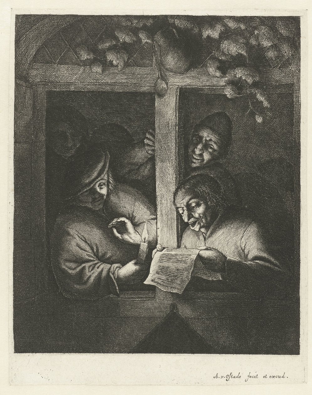 Tre uomini cantano da un foglio di carta alla luce di una candela in una finestra aperta (De rederijkers) da Adriaen van Ostade